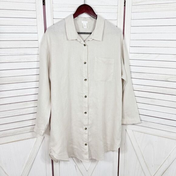 H&M Home Linen Button Up Shirt Dress Beige Tan Medium Long Sleeve Beach - Picture 7 of 12